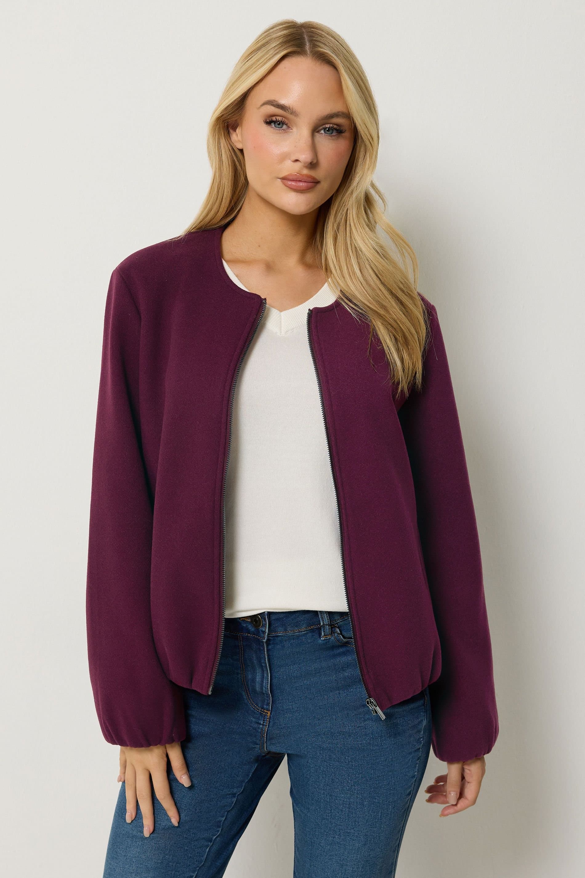 M&Co M&Co Women's Collarless Zip Through Jacket in Burgundy