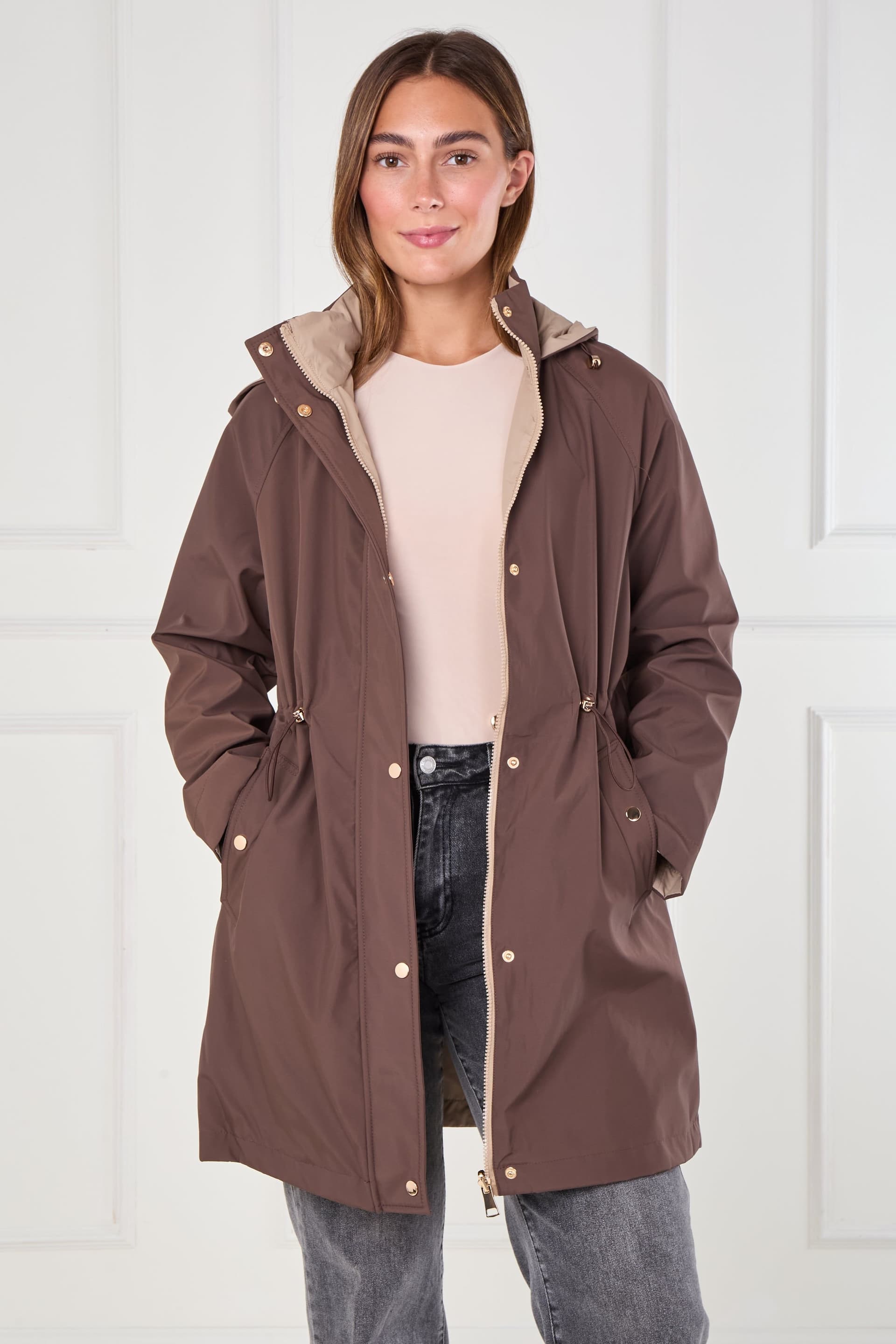 Love Sunshine Love Sunshine Women's Chocolate & Stone Drawstring Reversible Parka in Brown
