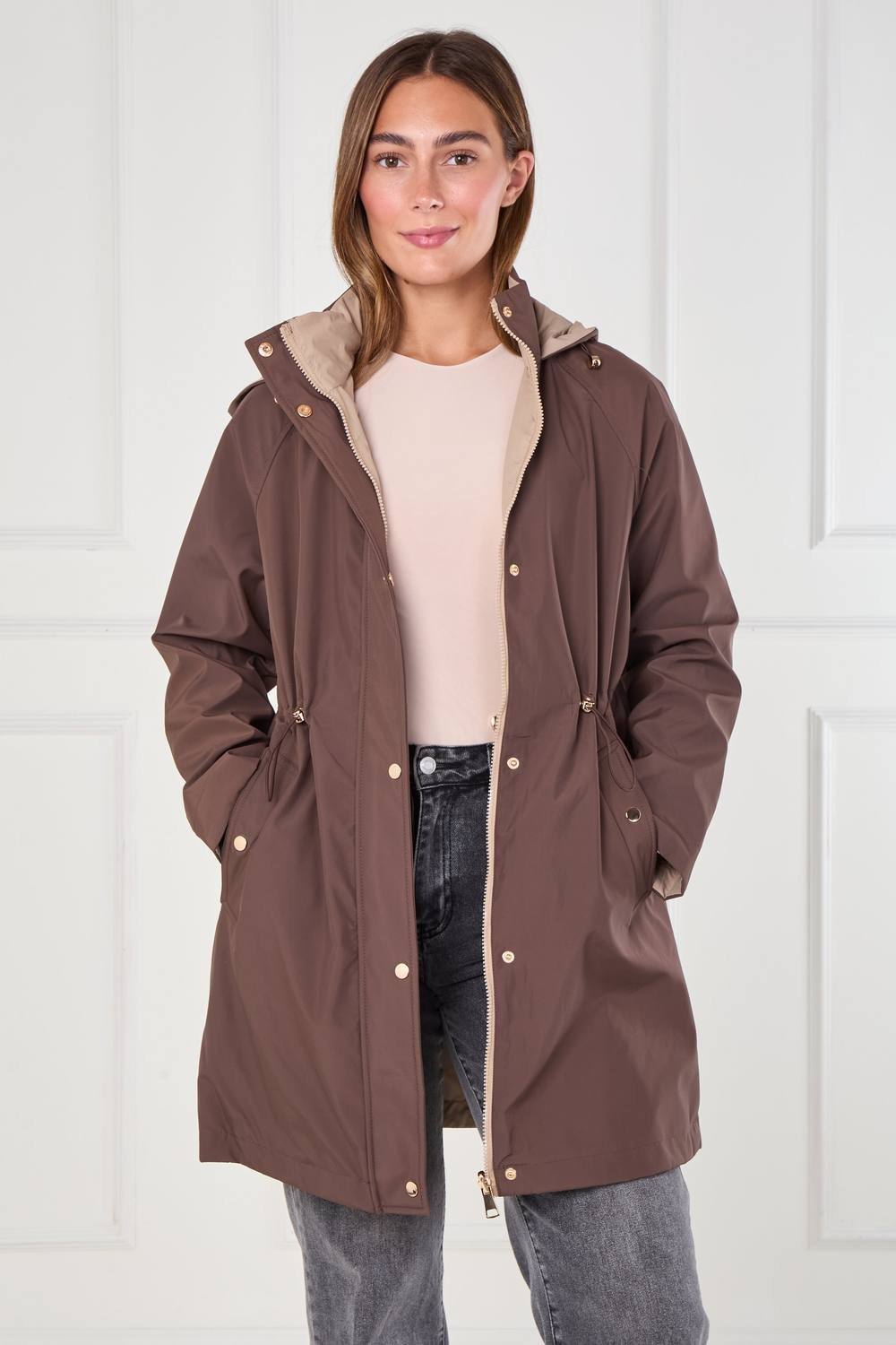 Love Sunshine Love Sunshine Women's Chocolate & Stone Drawstring Reversible Parka in Brown - 2