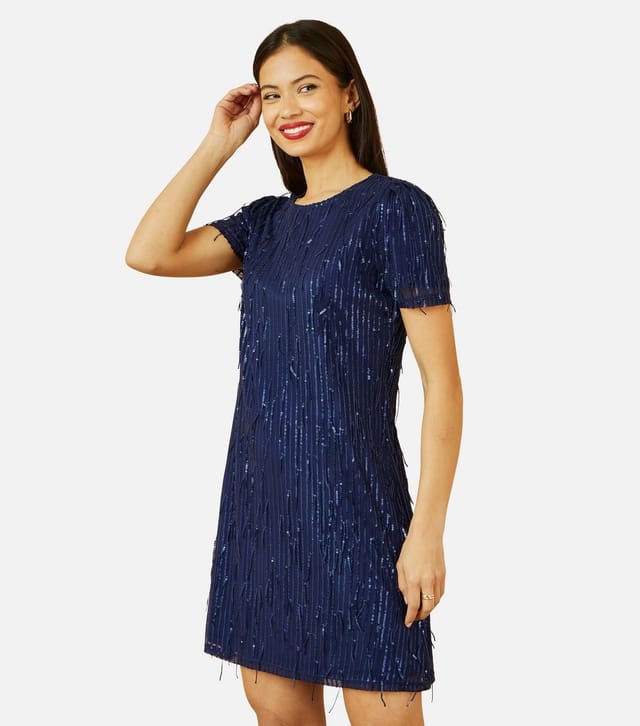 Yumi Women's Navy Sequin Tassel Mini T-Shirt Dress Yumi New Look - 3