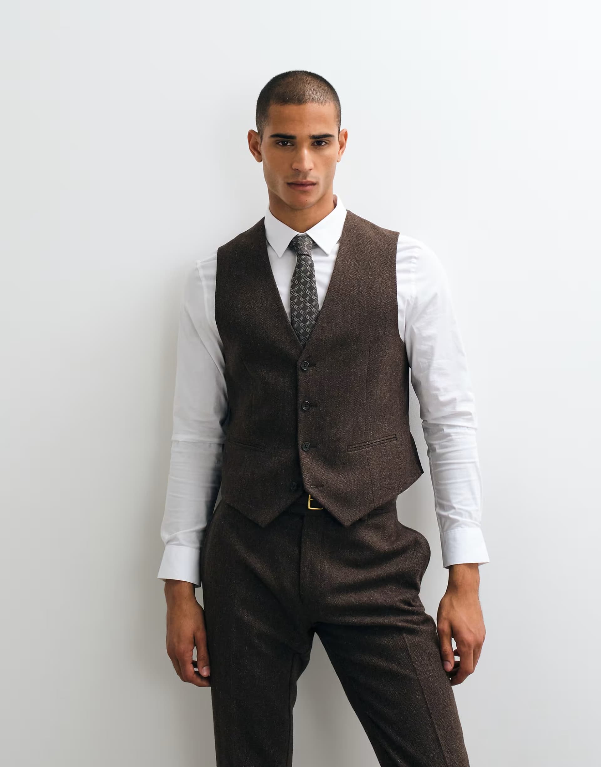 ASOS ASOS DESIGN slim herringbone suit waistcoat with wool in brown