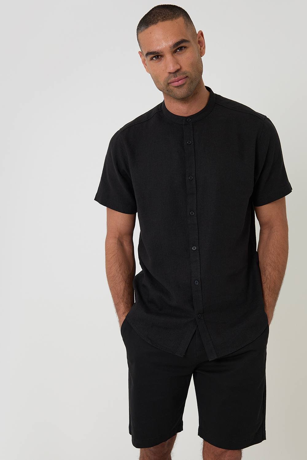 Threadbare Threadbare Men's Grandad Collar Linen Blend Short Sleeve Shirt in Black - 4