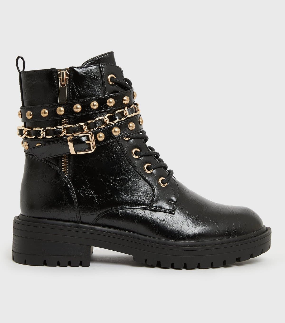 New Look Women's Black Stud Chain Trim Chunky Ankle Boots Vegan New Look