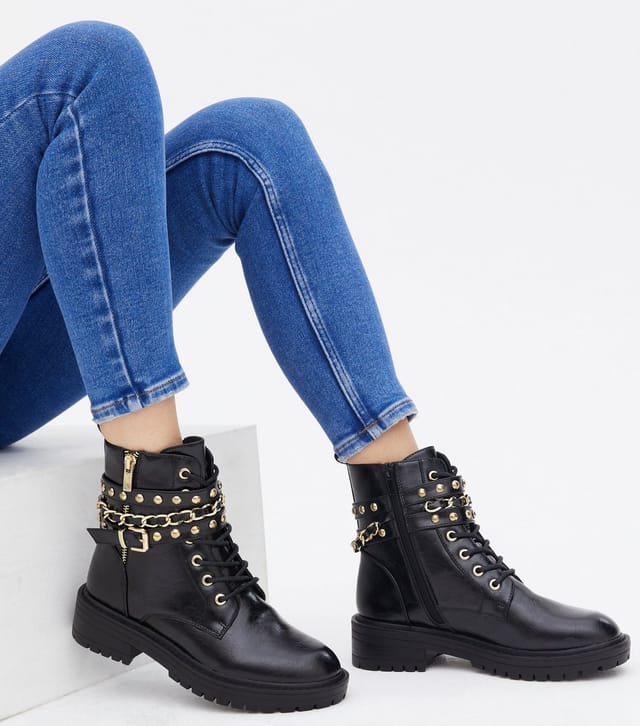 New Look Women's Black Stud Chain Trim Chunky Ankle Boots Vegan New Look - 2