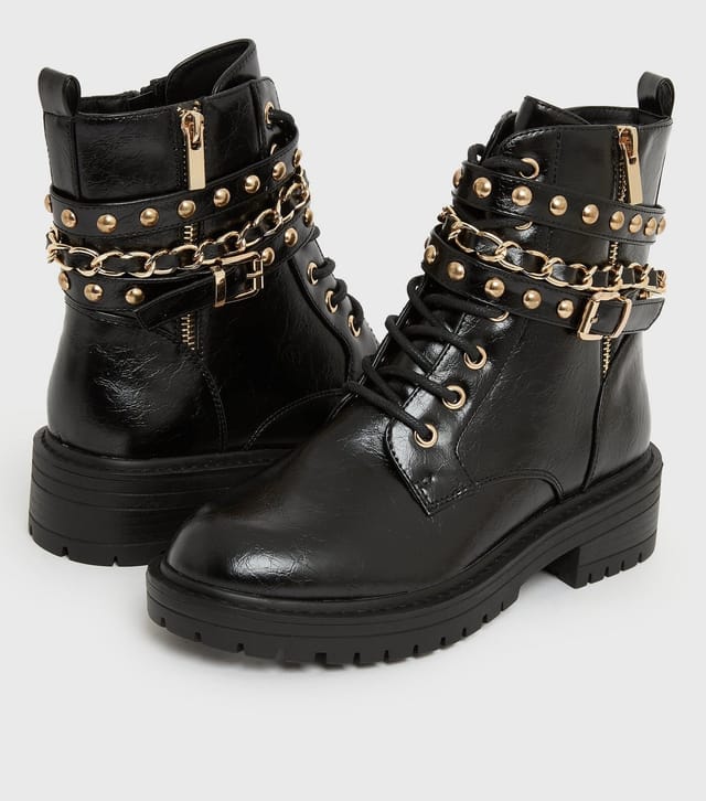 New Look Women's Black Stud Chain Trim Chunky Ankle Boots Vegan New Look - 3