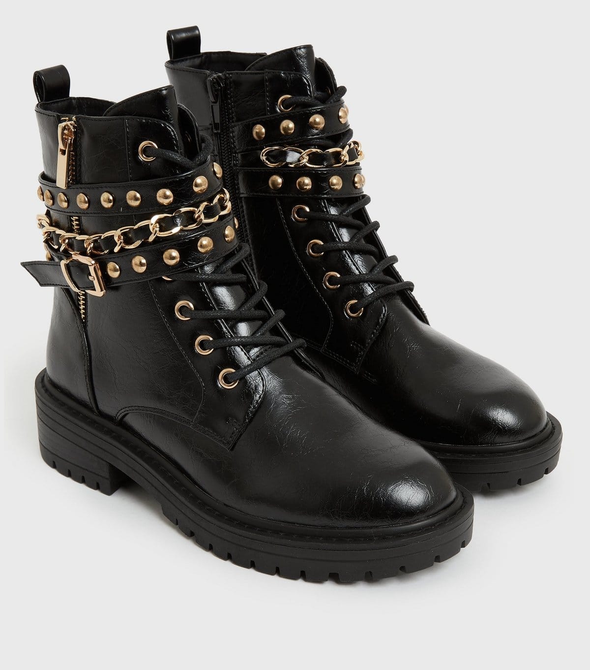 New Look Women's Black Stud Chain Trim Chunky Ankle Boots Vegan New Look - 4