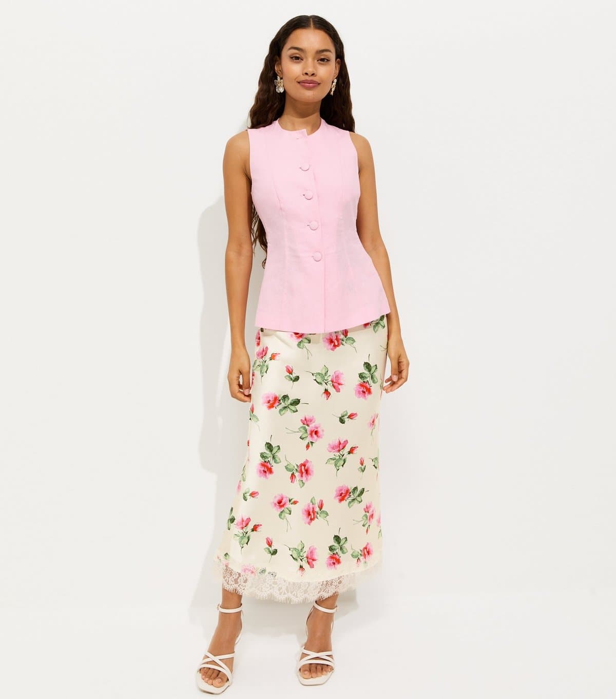 New Look Women's Petite White Satin Floral Print Lace Trim Midi Skirt New Look