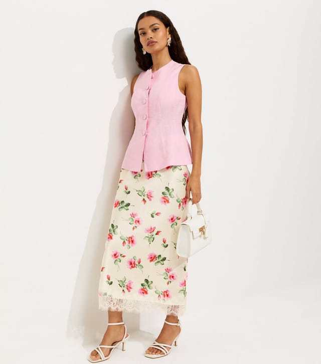 New Look Women's Petite White Satin Floral Print Lace Trim Midi Skirt New Look - 3