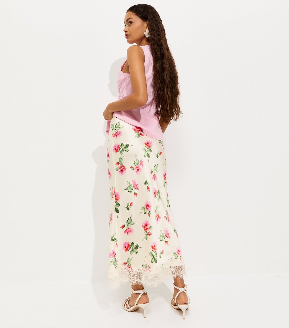 New Look Women's Petite White Satin Floral Print Lace Trim Midi Skirt New Look - 4