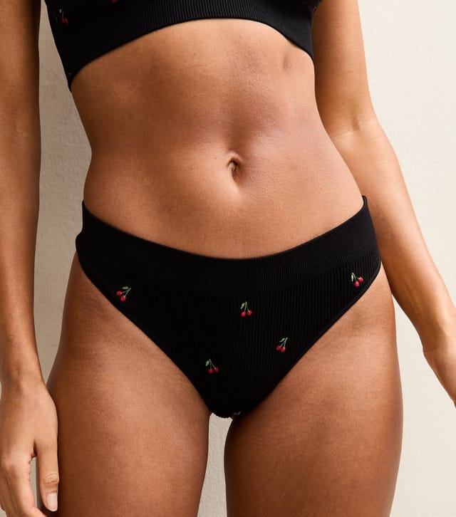 New Look Women's Black Ribbed Embroidered Cherry Thong New Look - 3