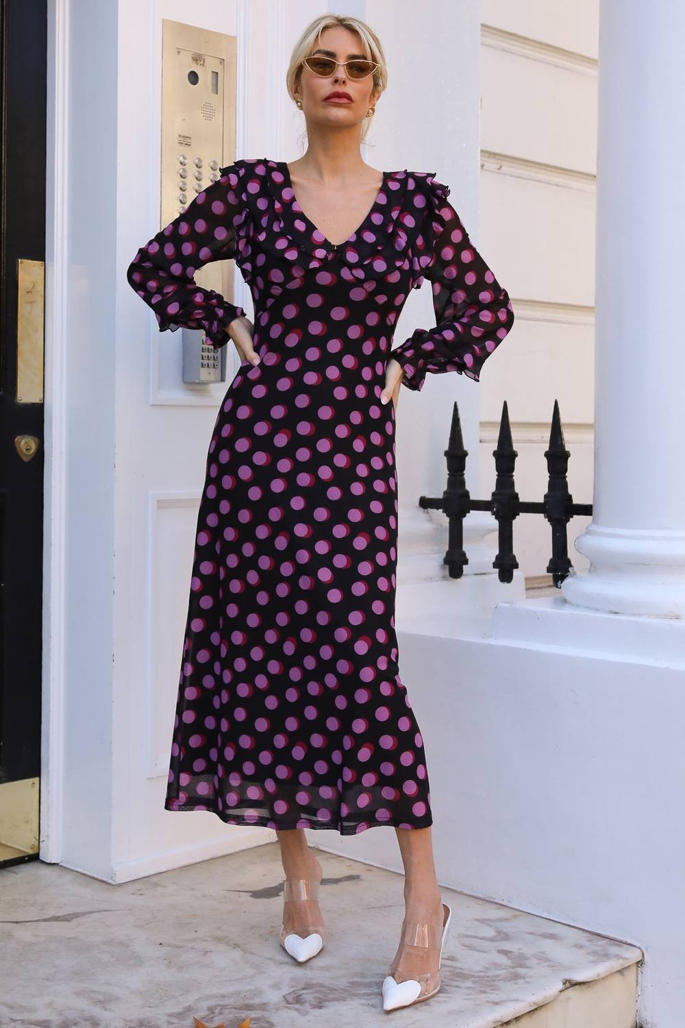 Jolie Moi Jolie Moi Women's Ruffle V Neck Long Sleeve Mesh Maxi Dress - 2