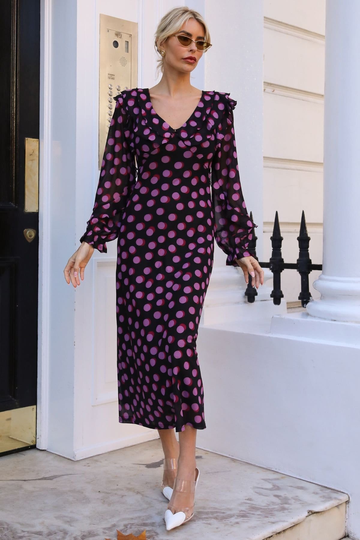 Jolie Moi Jolie Moi Women's Ruffle V Neck Long Sleeve Mesh Maxi Dress - 4