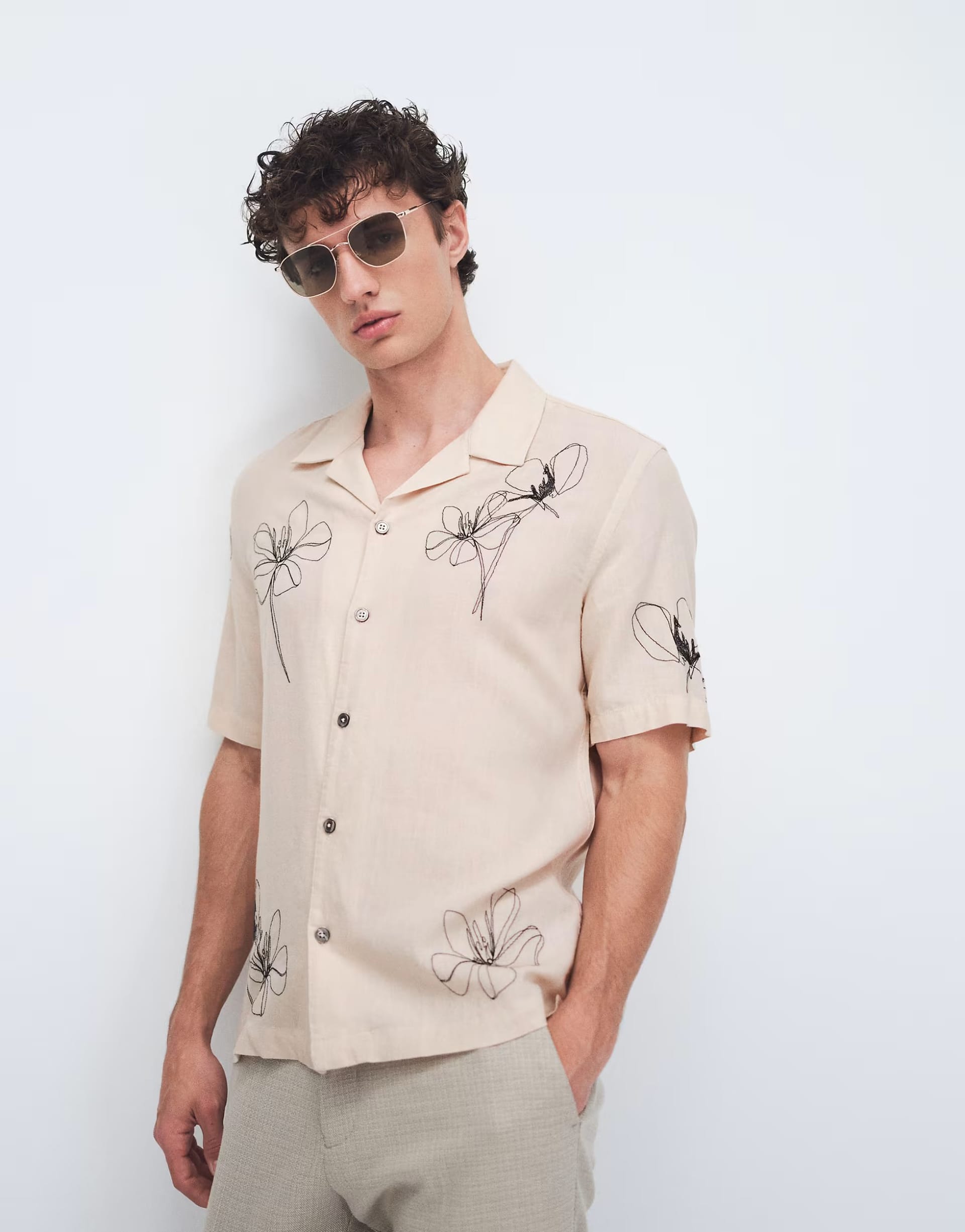 ASOS Ecru Floral Print Short Sleeve Shirt