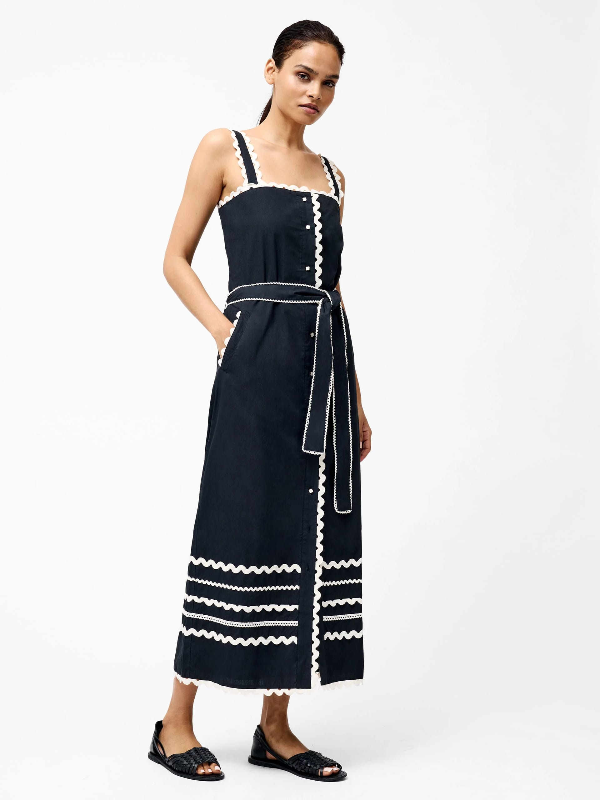 French Connection Black/White Cotton Ric Rac Midi Dress