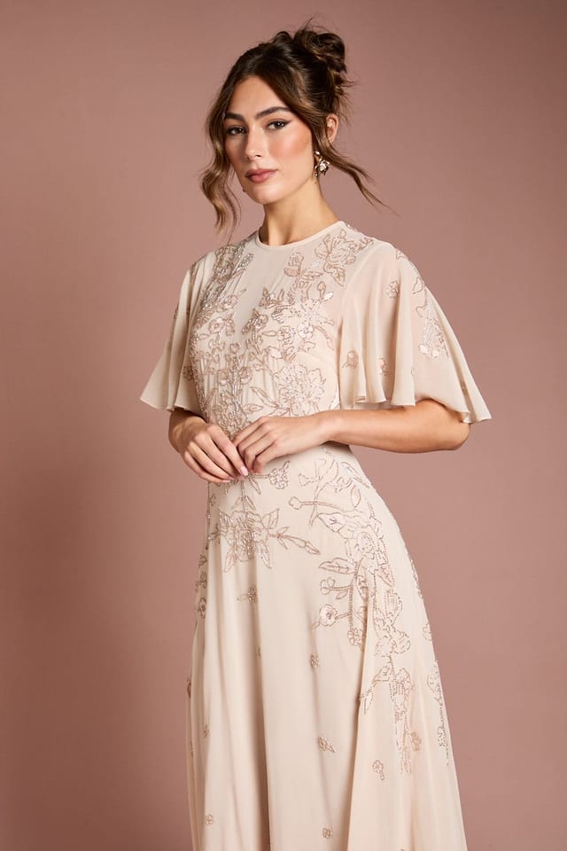 Coast Coast Women's Floral Embroidered & Beaded Angel Sleeve Maxi Dress in Blush - 2