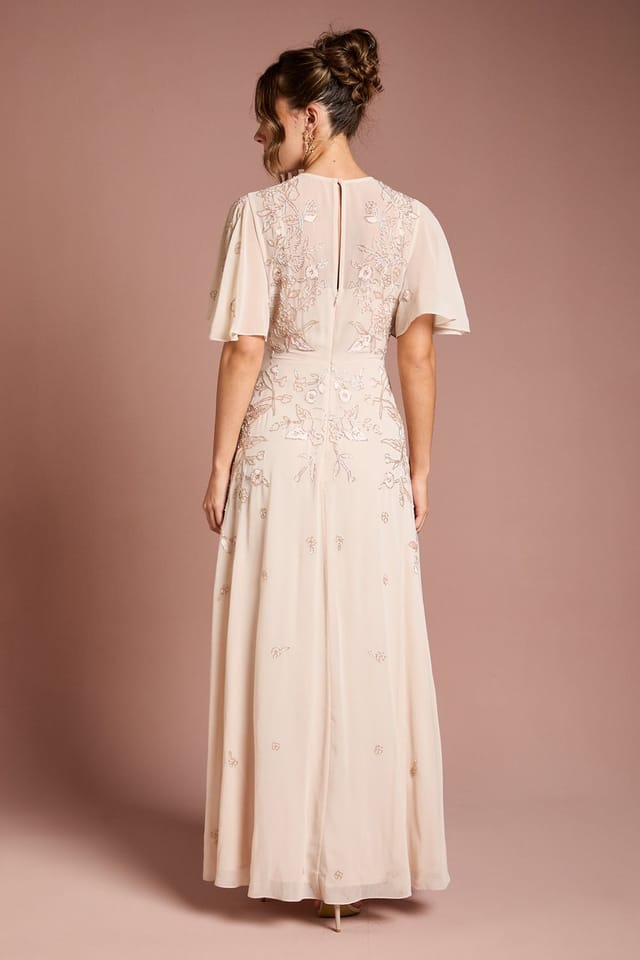 Coast Coast Women's Floral Embroidered & Beaded Angel Sleeve Maxi Dress in Blush - 3