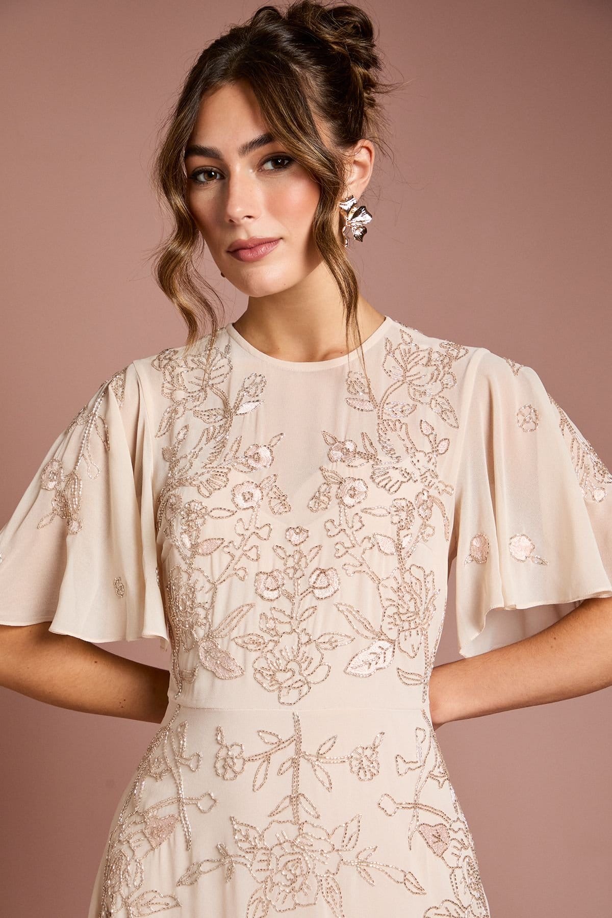 Coast Coast Women's Floral Embroidered & Beaded Angel Sleeve Maxi Dress in Blush - 4