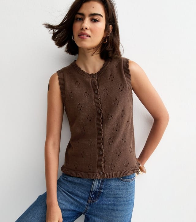 New Look Women's Brown Stitch Cotton Rich Detail Scallop Trim Waistcoat New Look - 2