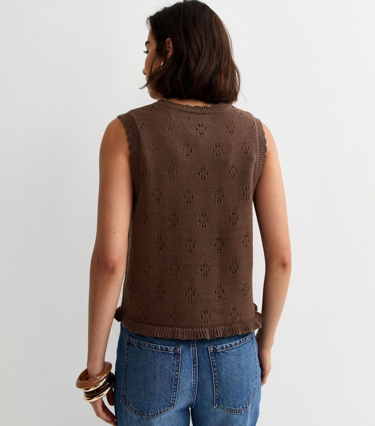 New Look Women's Brown Stitch Cotton Rich Detail Scallop Trim Waistcoat New Look - 4