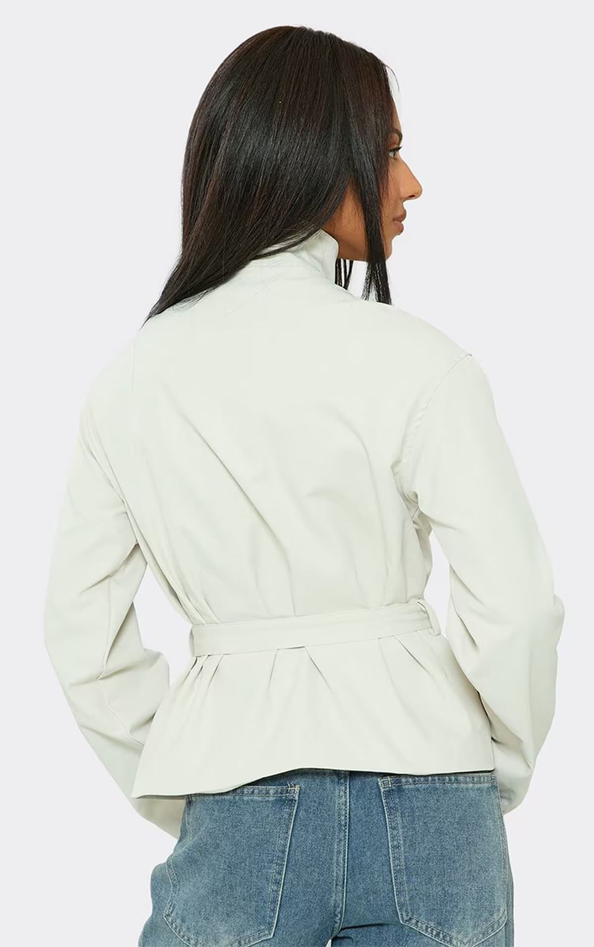 EGO Long Sleeve High Neck Belt Detail Jacket In Light Grey, Women's Size UK 6