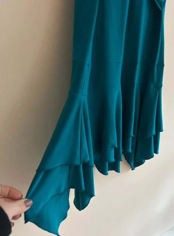 Pilot 🩵 Pilot UK 12 Teal Twist Front Hanky Hem Midi Dress – Y2K Floaty Asymmetric Summer Dress 🩵