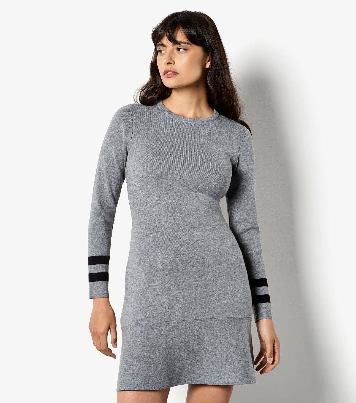 Apricot Grey Knit Mini Dress with Stripe Cuffs
