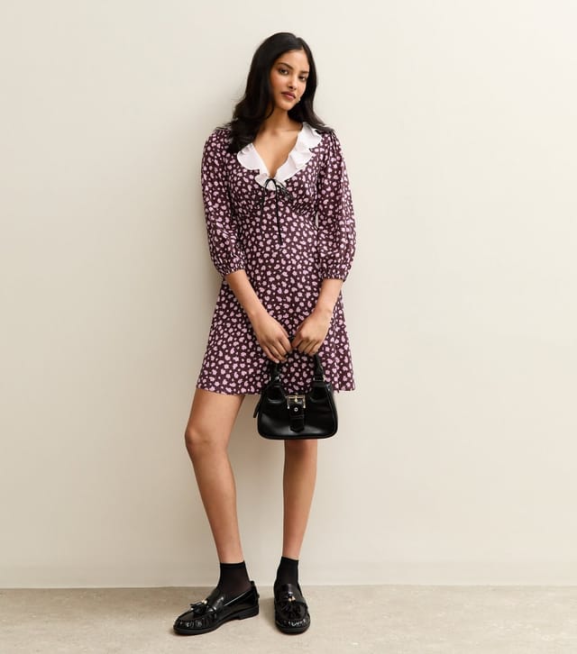 New Look Women's Purple Floral Print Frill Neck Mini Dress New Look - 2