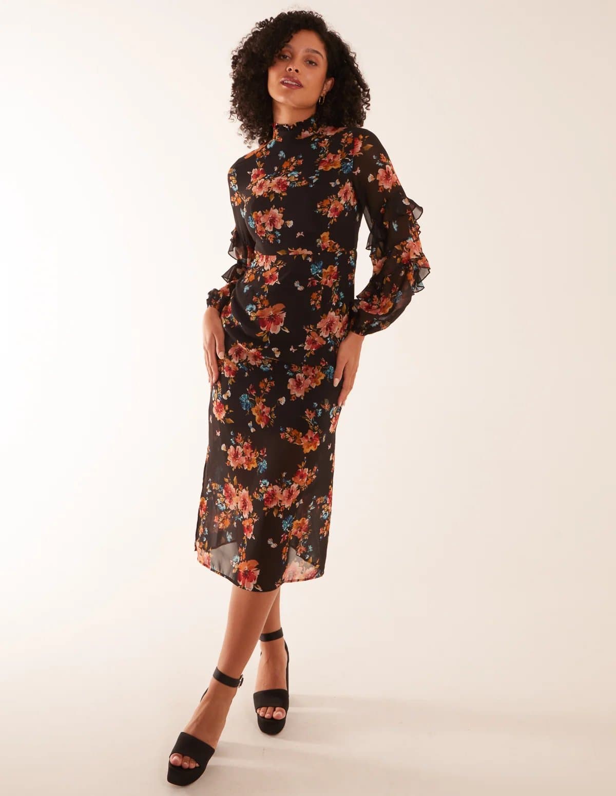 Blue Vanilla Floral Printed High Neck Midi Dress With Frill Sleeve Details