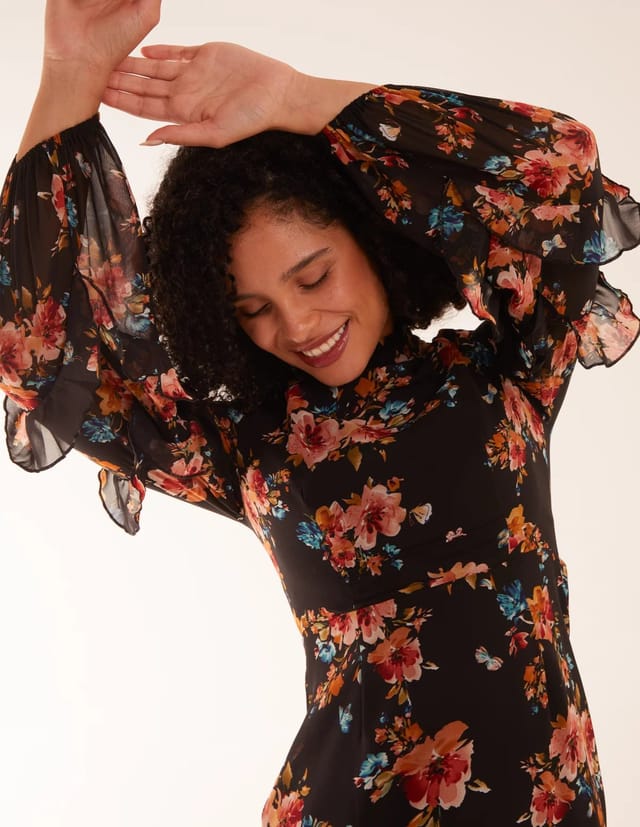 Blue Vanilla Floral Printed High Neck Midi Dress With Frill Sleeve Details - 2
