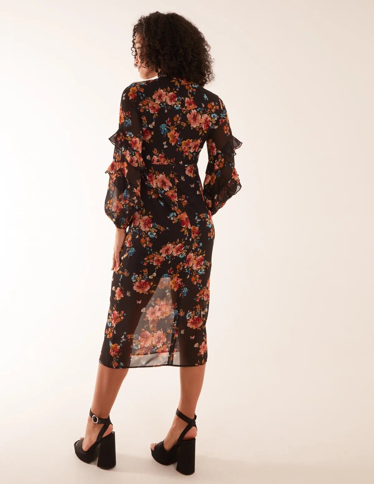 Blue Vanilla Floral Printed High Neck Midi Dress With Frill Sleeve Details - 4