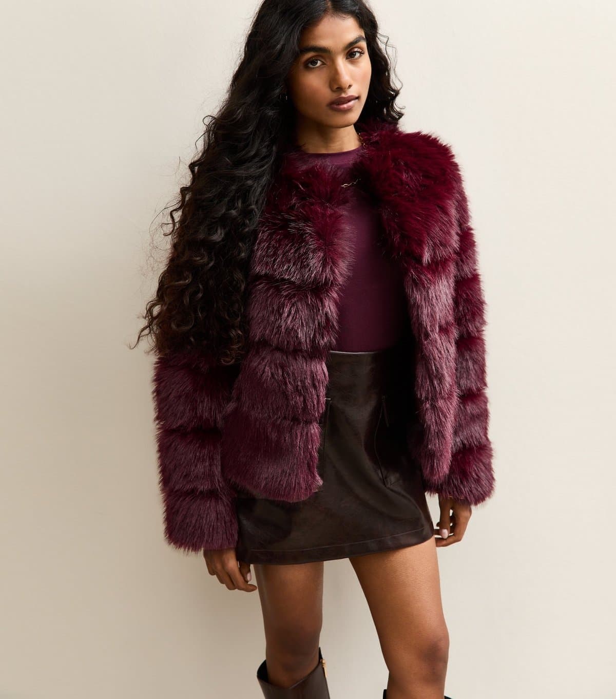 New Look Women's Petite Burgundy Pelted Faux Fur Jacket New Look