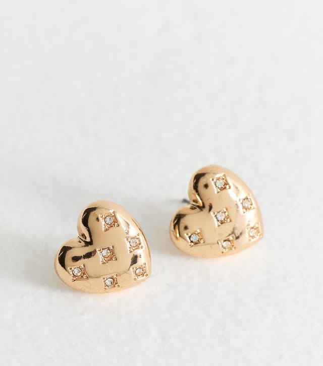 New Look Gold Diamanté Engraved Heart Stud Earrings New Look - 3