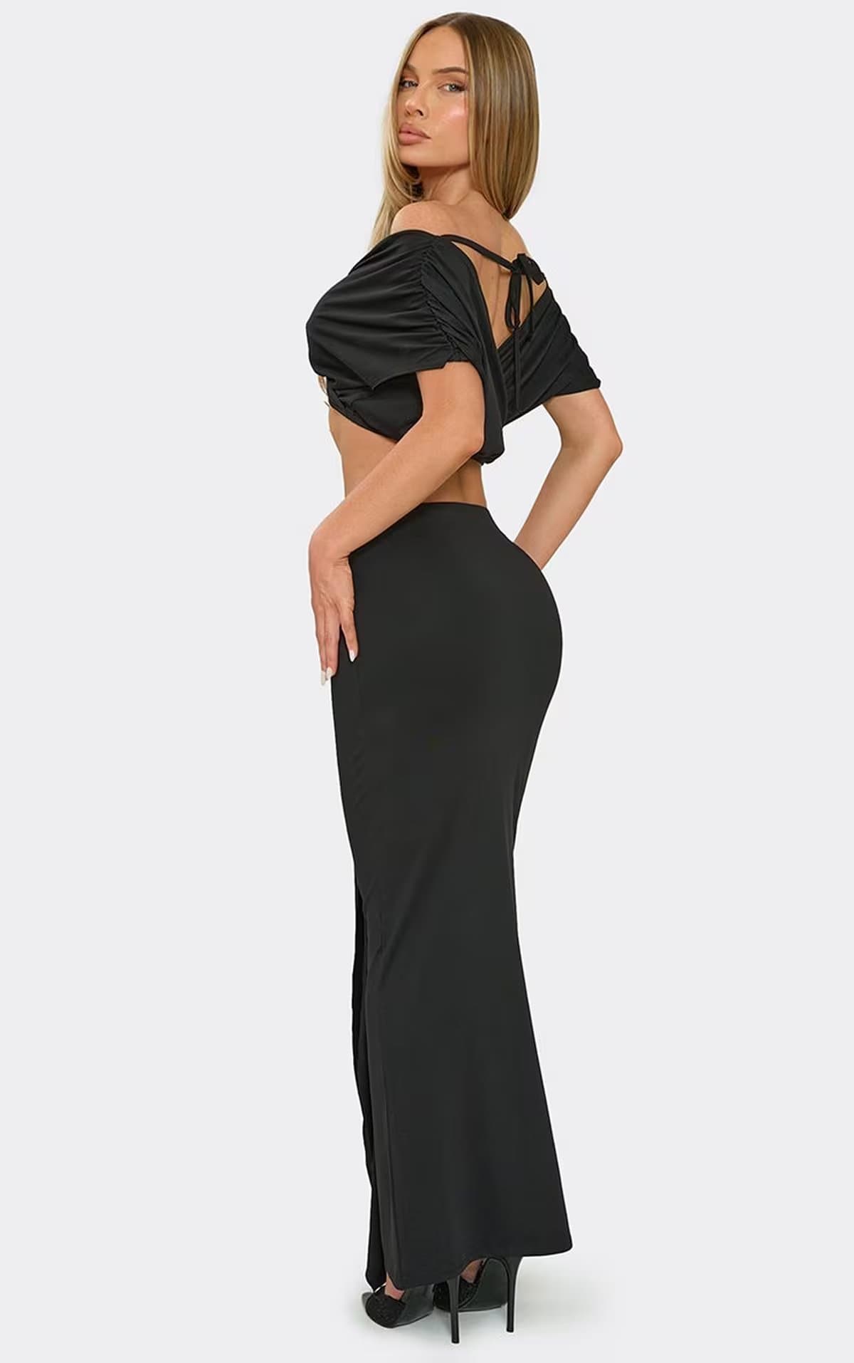EGO Mid Rise Tie Drape Front Maxi Skirt In Black, Women's Size UK 6