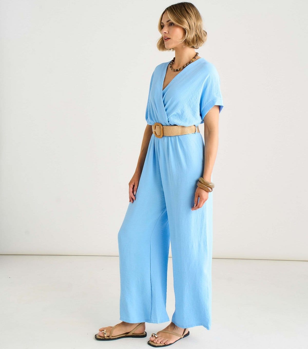 Gini London Women's Light Blue Belted Short Sleeve Jumpsuit Gini London New Look - 4