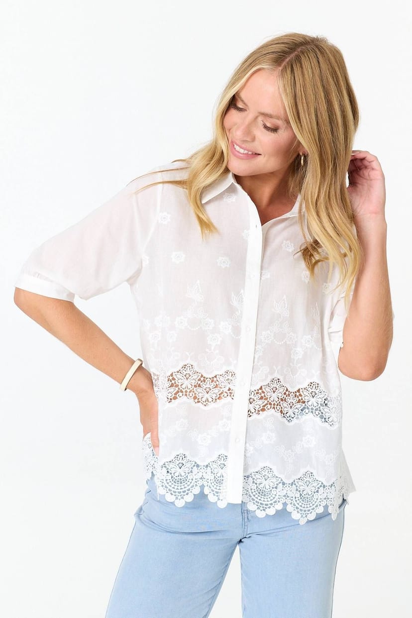 Izabel London Izabel London Women's Lace Hem Relaxed 3/4 Sleeve Shirt in White - 1