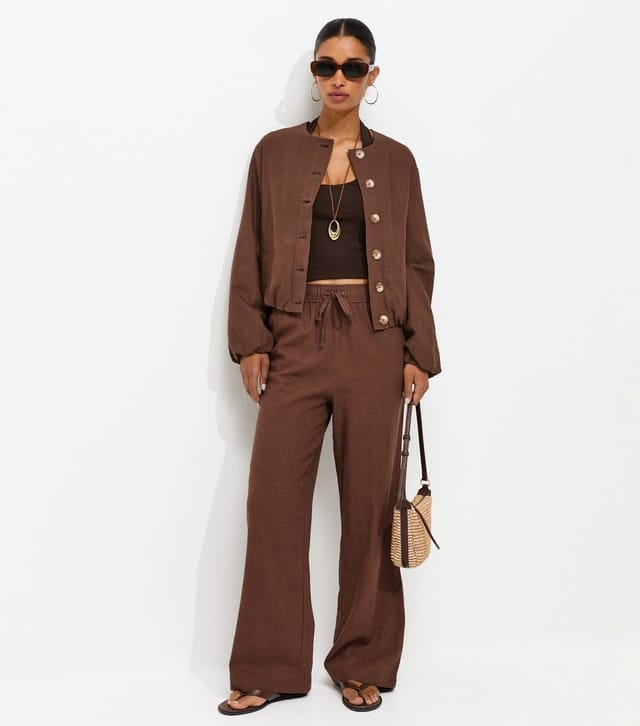 New Look Women's Dark Brown Linen Blend Button Through Bomber Jacket New Look - 3