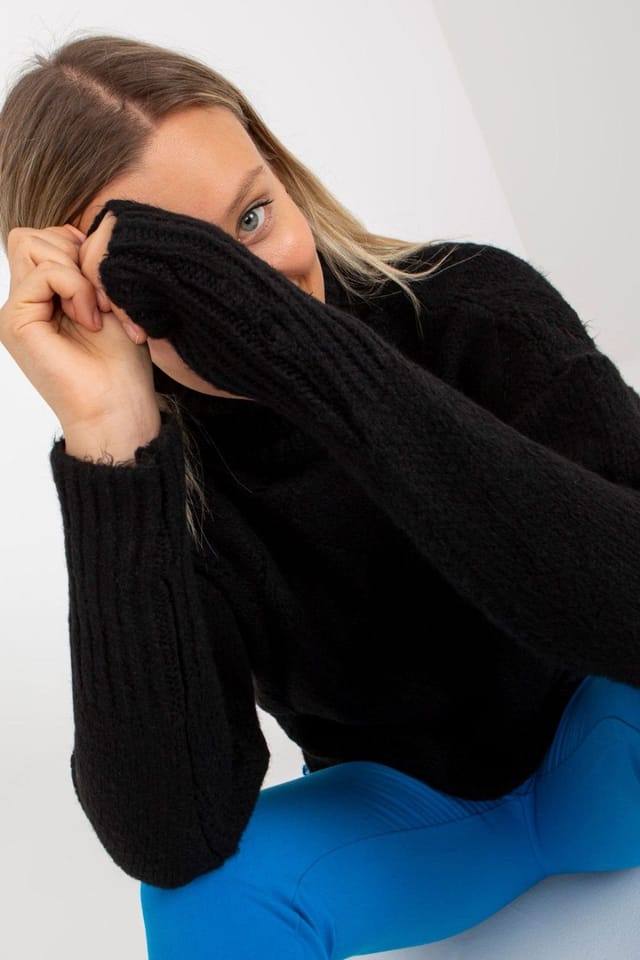 Love Lace Love Lace Women's Turtleneck Openwork Sweater With Long Sleeves in Black - 3