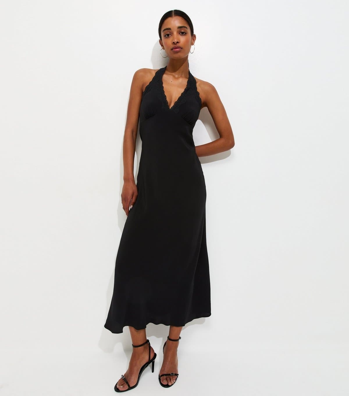 New Look Women's Black Halterneck Lace Trim Midi Dress New Look
