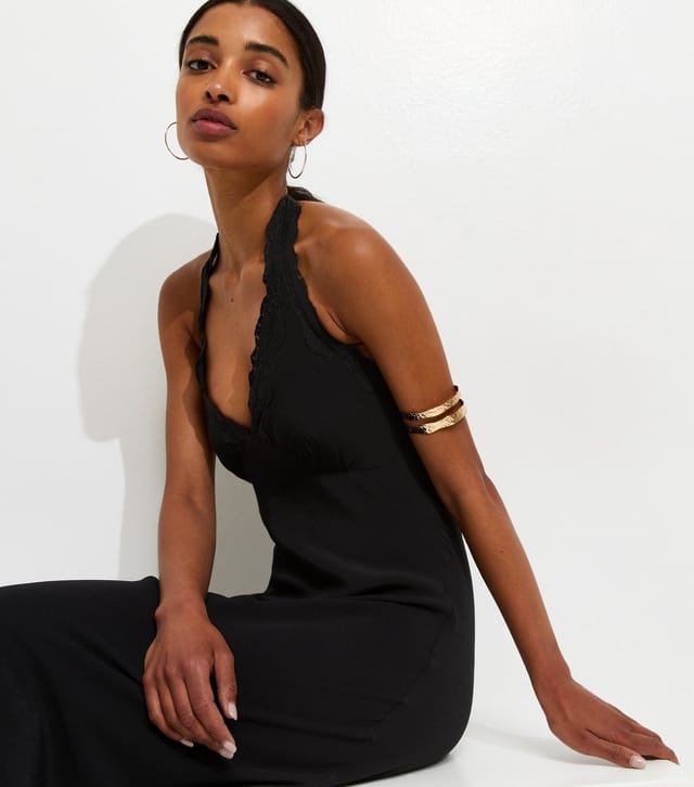 New Look Women's Black Halterneck Lace Trim Midi Dress New Look - 2
