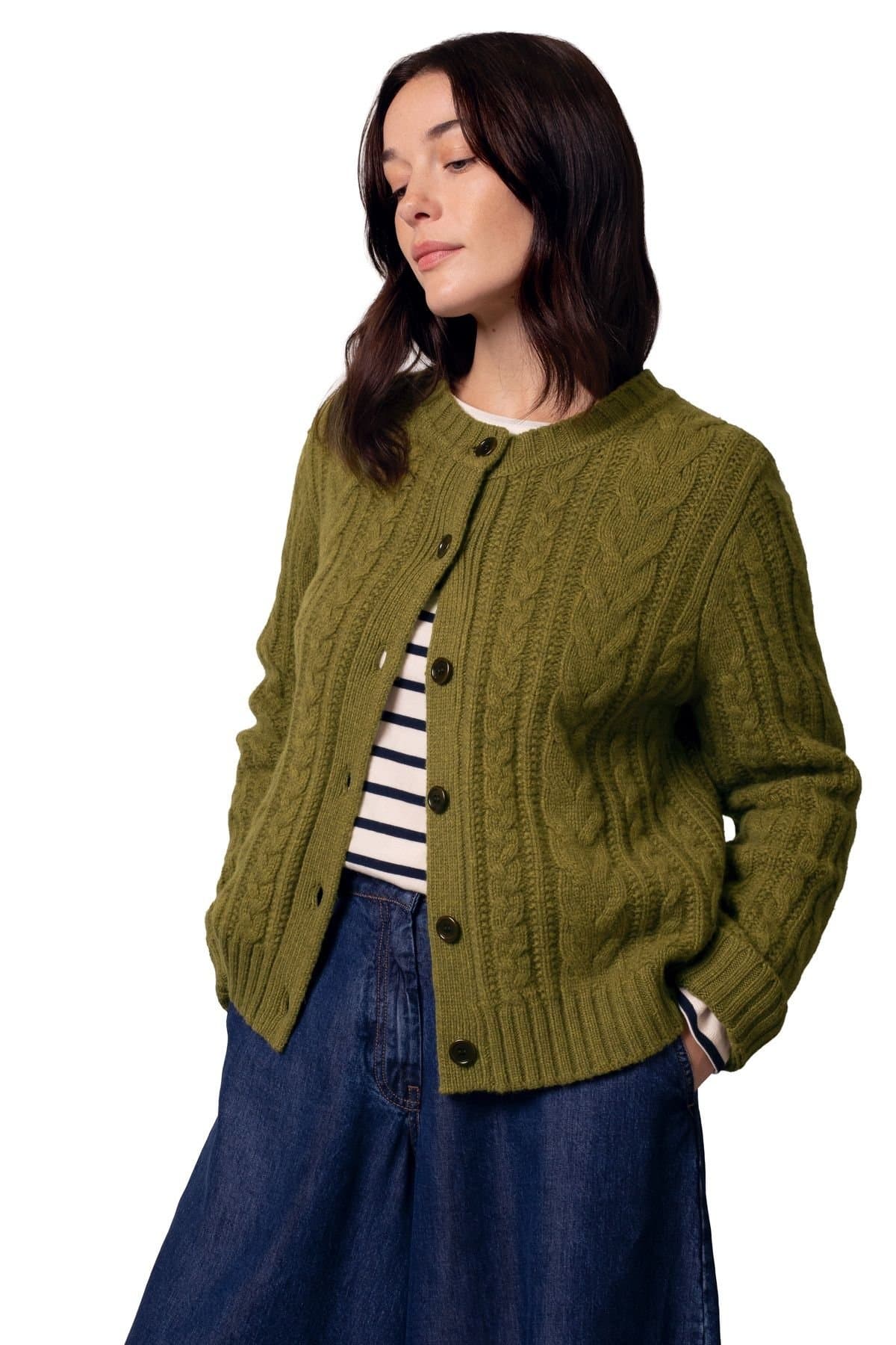 Celtic & Co Celtic & Co Women's Merino Wool Cable Knit Cardigan in Olive