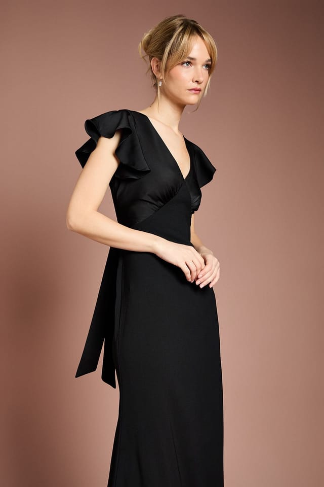 Coast Coast Women's Honoured V Neck Angel Short Sleeve Satin Maxi Bridesmaid Dress in Black - 2