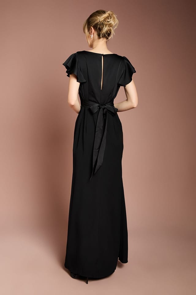 Coast Coast Women's Honoured V Neck Angel Short Sleeve Satin Maxi Bridesmaid Dress in Black - 3