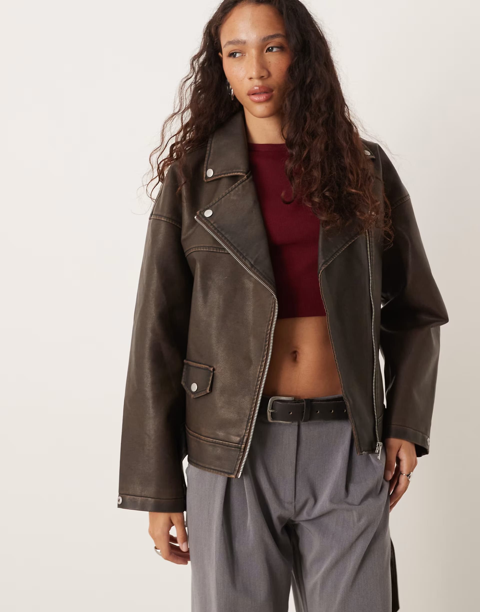 ASOS JJXX faux leather biker jacket in brown vintage 