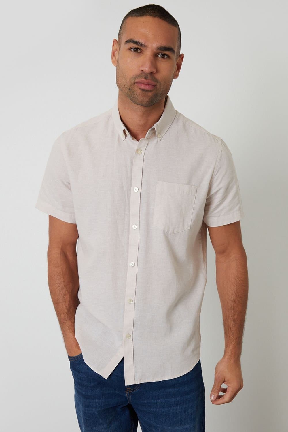 Threadbare Threadbare Men's Short Sleeve Linen Blend Shirt in Light Stone