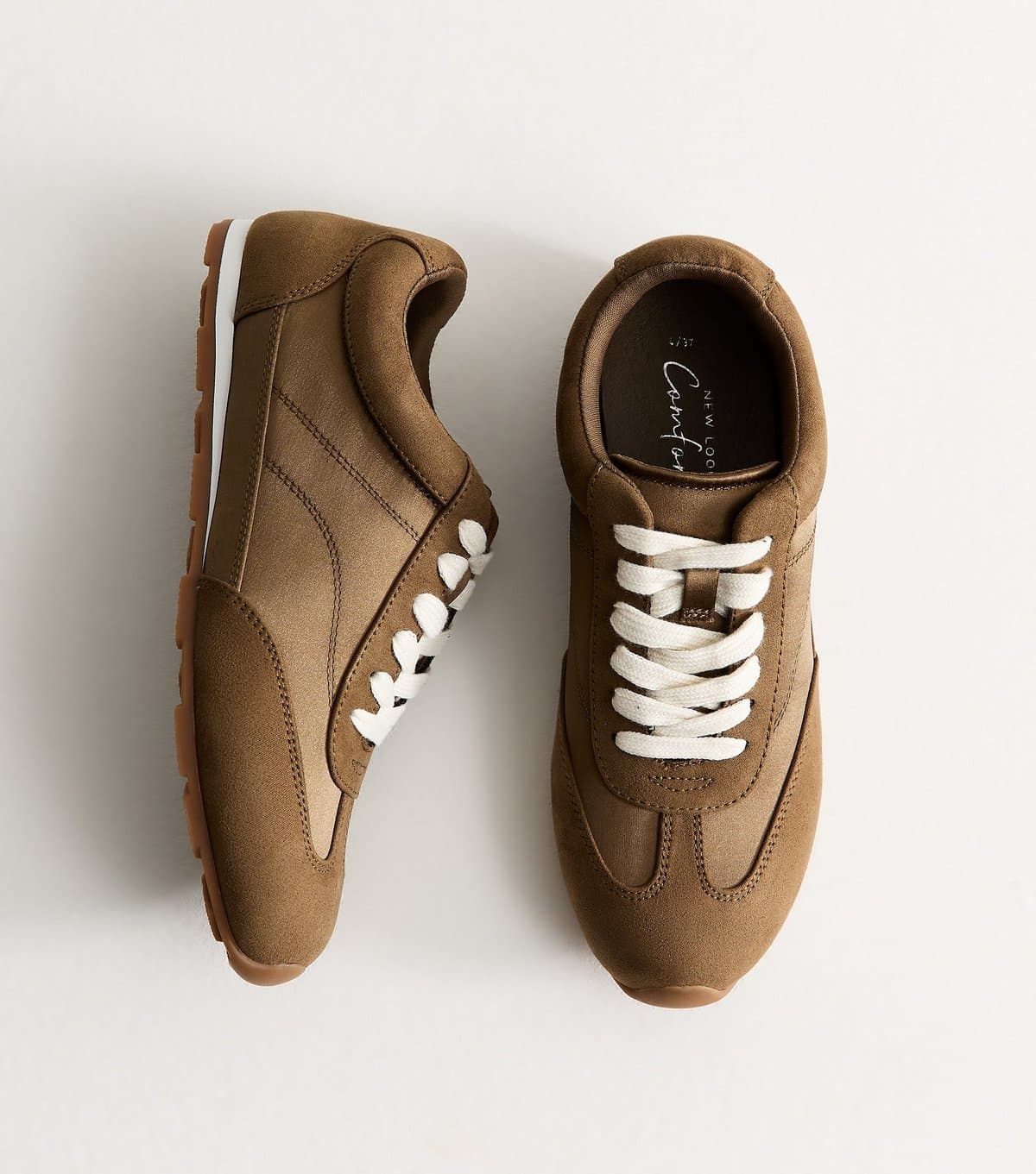 New Look Women's Dark Khaki Faux Suede Lace Up Panelled Trainers Vegan New Look