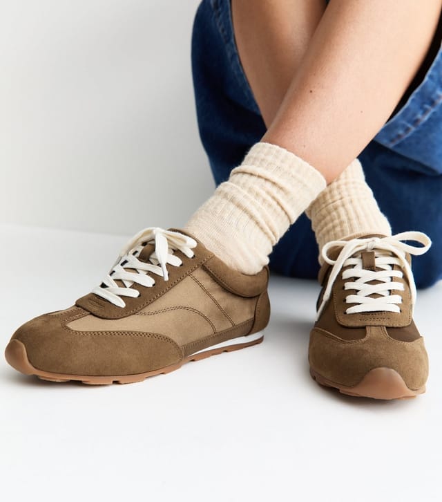 New Look Women's Dark Khaki Faux Suede Lace Up Panelled Trainers Vegan New Look - 2