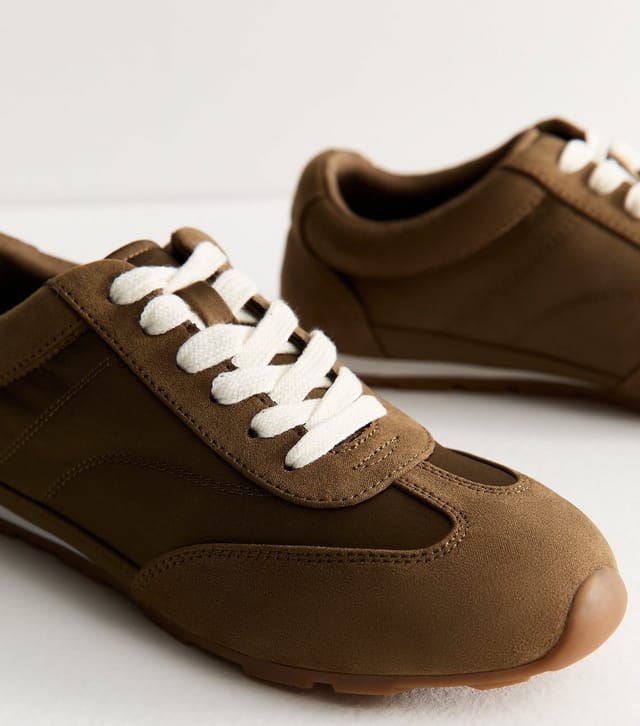 New Look Women's Dark Khaki Faux Suede Lace Up Panelled Trainers Vegan New Look - 3