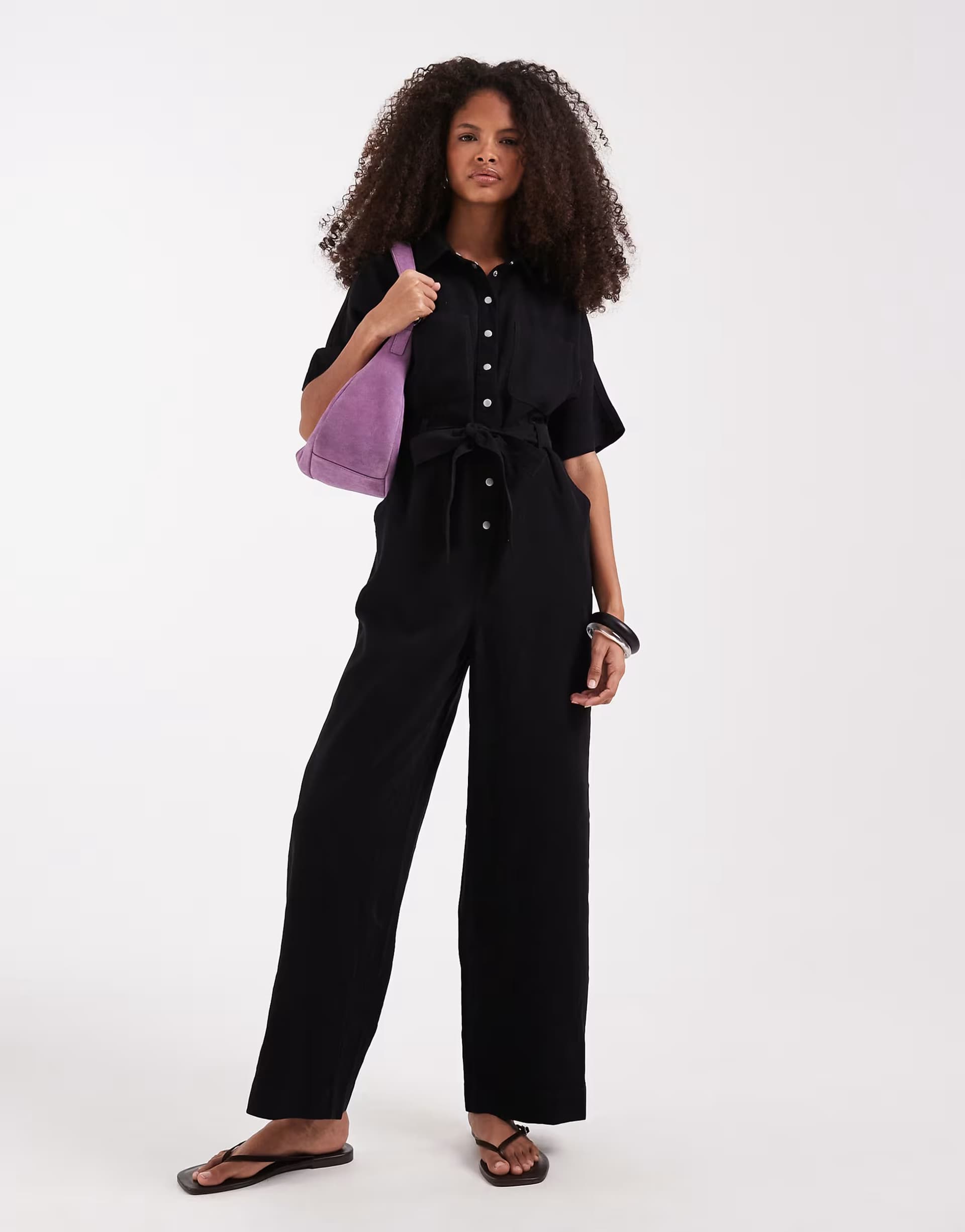 ASOS ONLY tie waist short sleeve jumpsuit in black