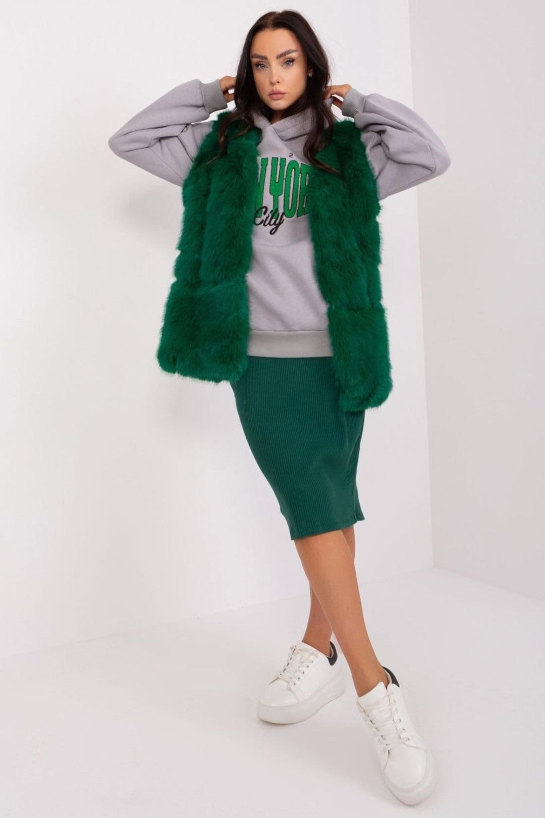 Love Lace Green Faux Fur Vest with Pockets