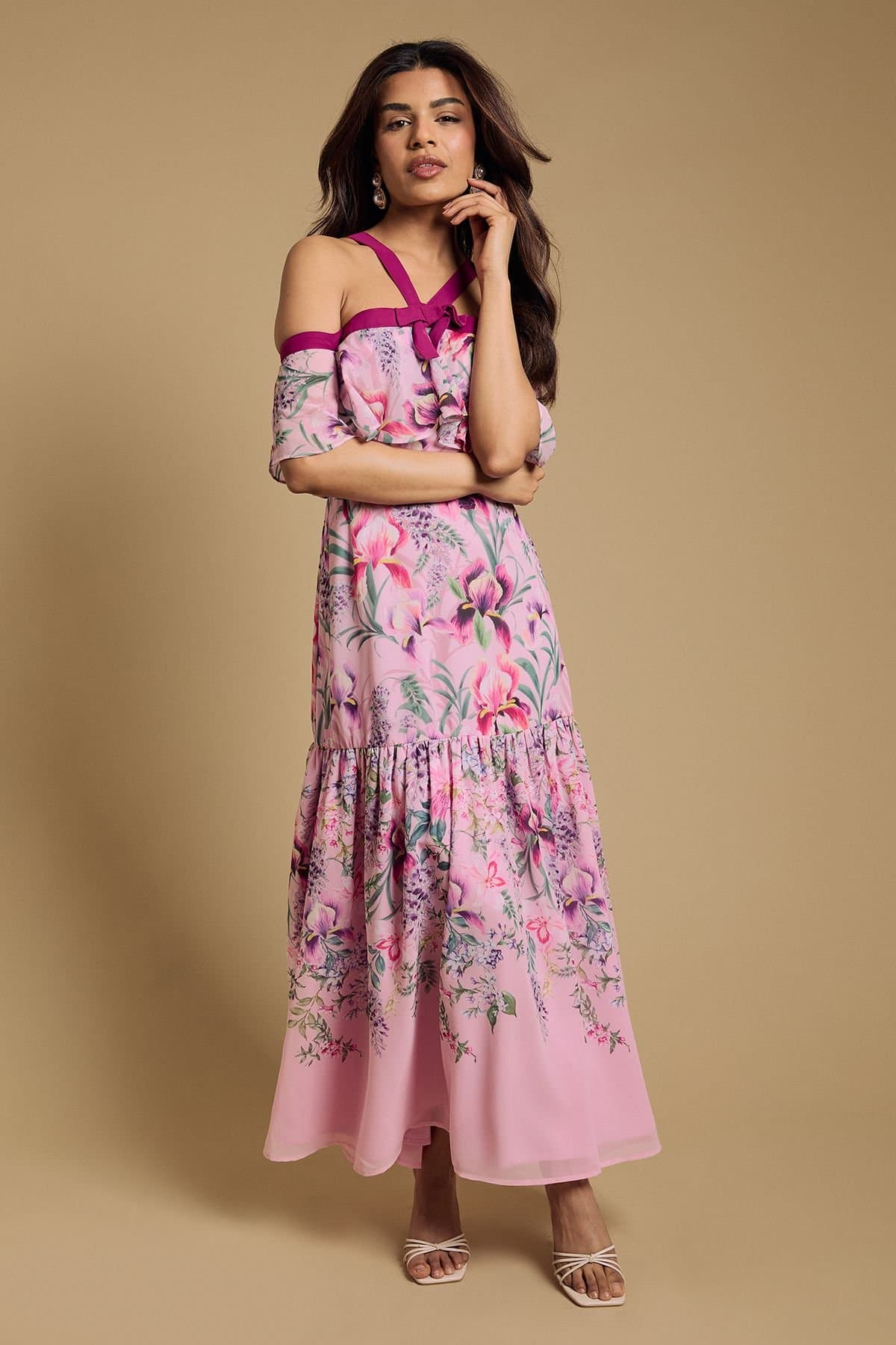 Oasis Oasis Women's Petite Bow Detail Halter Neck Bardot Dress in Pink